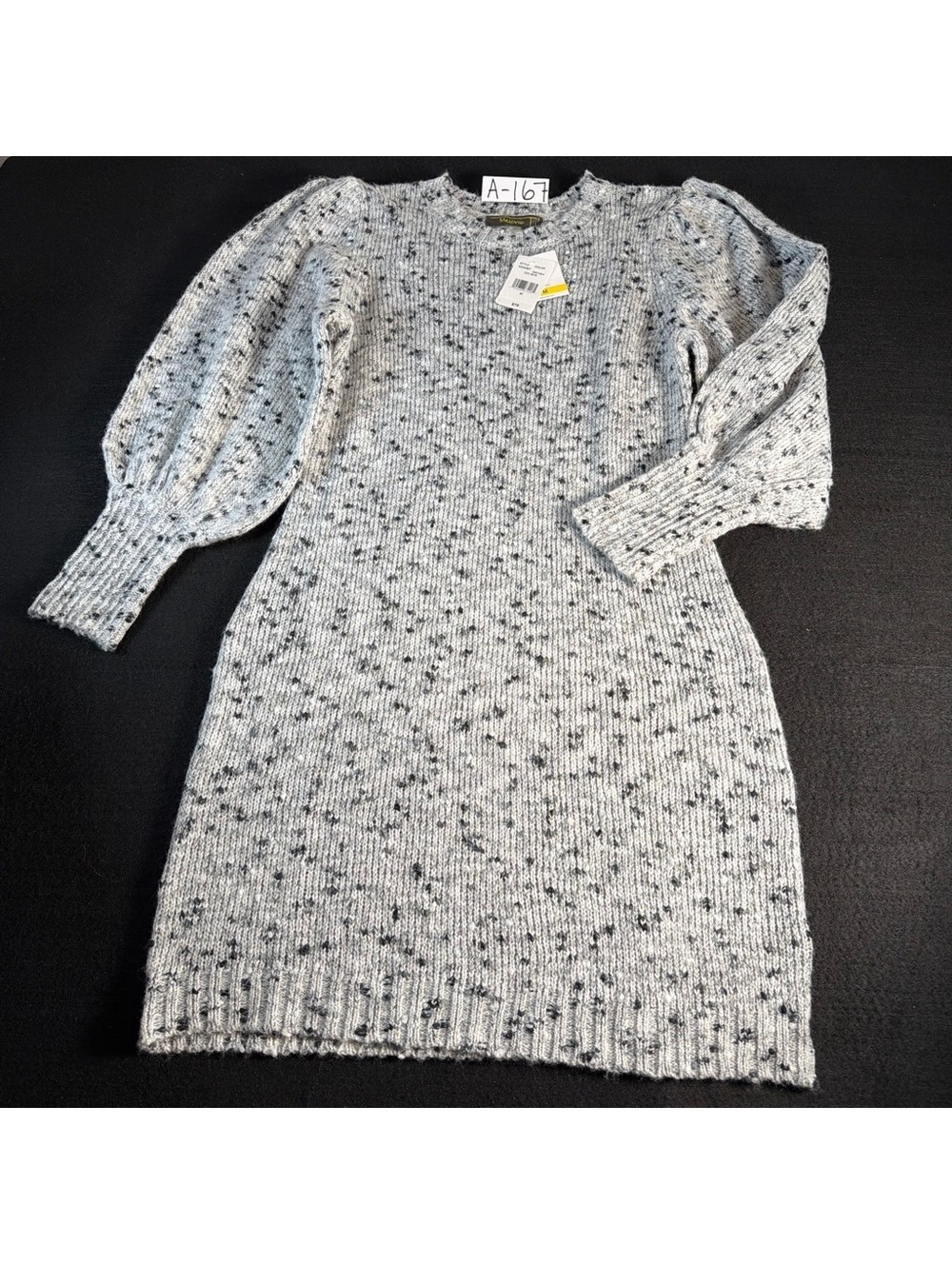 Melonie T Sweater Dress Women M Gray Black Speckled Puff Sleeve NWT $79
